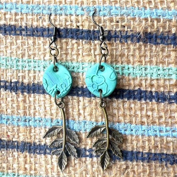 Handmade Brass Mistletoe Leaf Dangle Earrings with Green Clay Charm – 2.75" Long - Picture 1 of 3